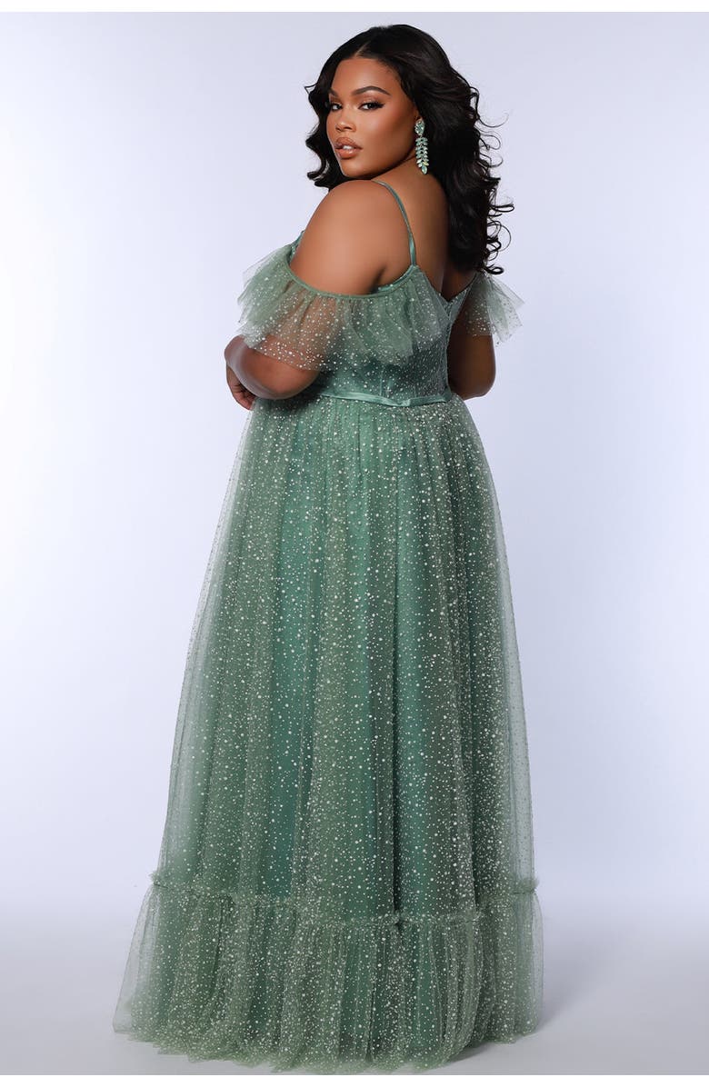 Sydney's Closet V-Neckline Flutter Sleeve Slim A-line Plus Size Gown, Alternate, color, Sage