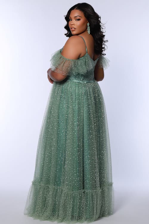 Sydney's Closet V-neckline Flutter Sleeve Slim A-line Plus Size Gown In Sage