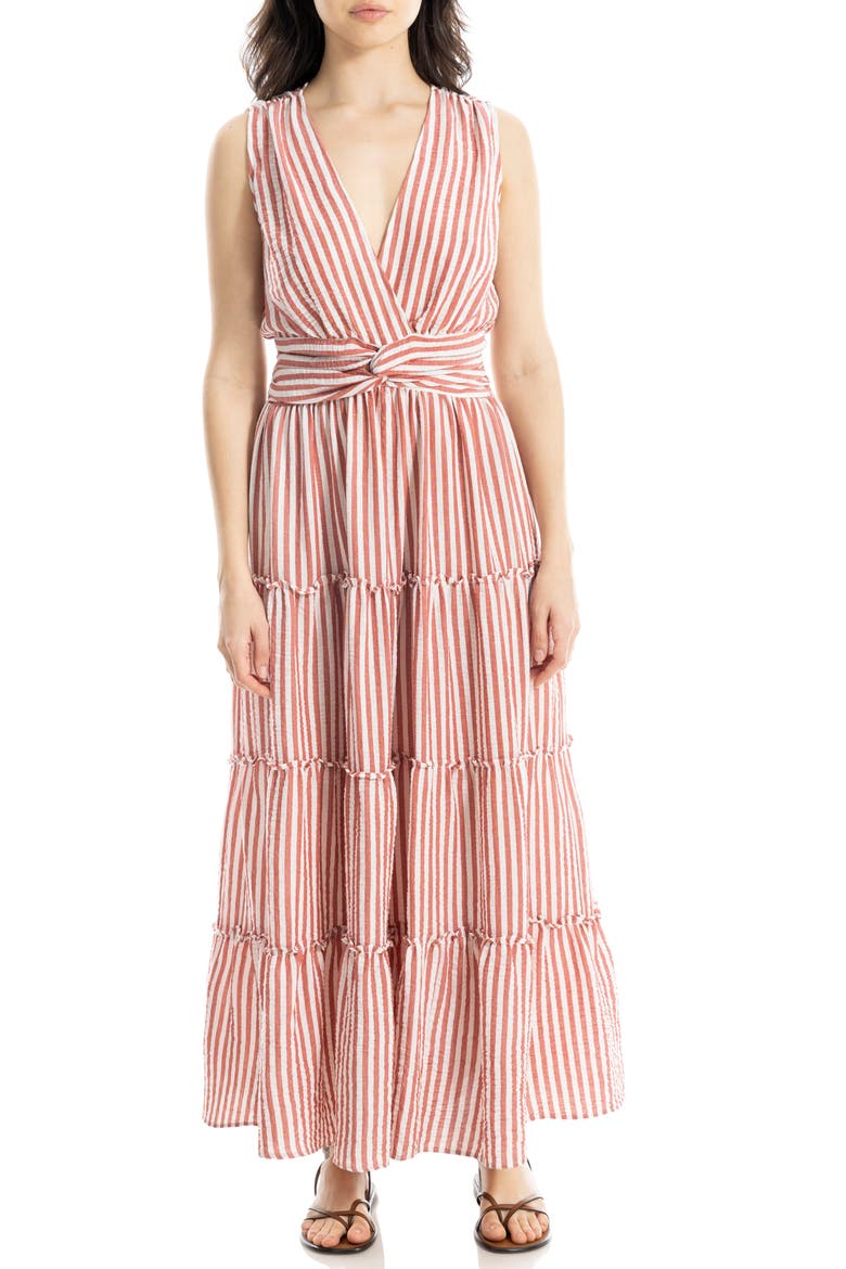 Knotted Tiered Maxi Dress, Main, color, RED/ WHITE STRIPE
