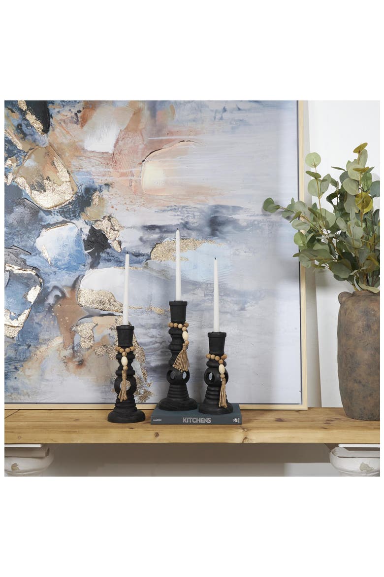 Set of 3 Wood Pillar Candle Holders, Alternate, color, BLACK