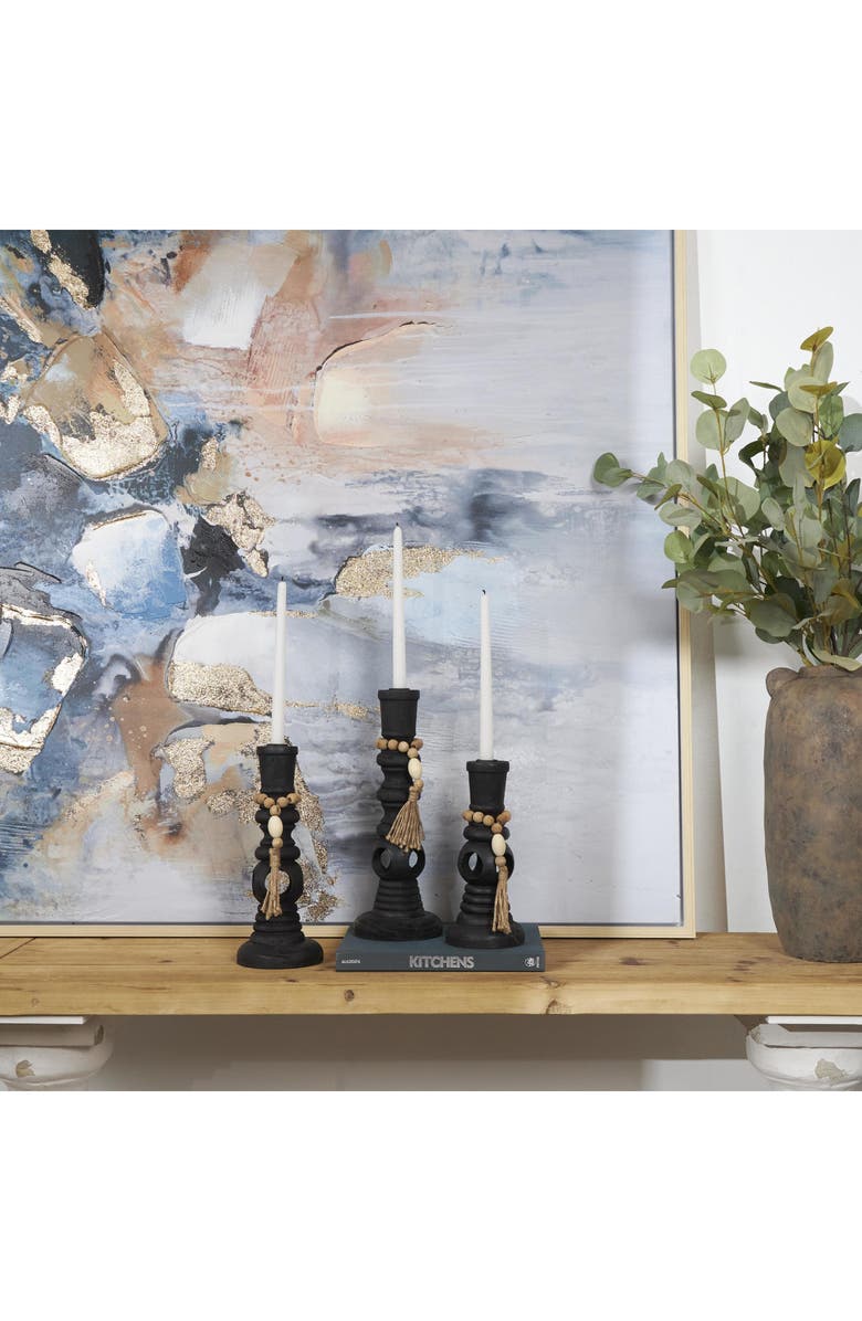 WILLOW ROW Set of 3 Wood Pillar Candle Holders, Alternate, color, Black