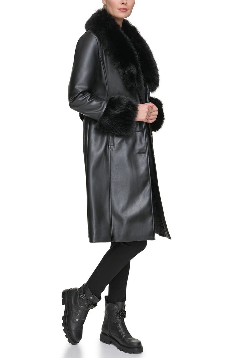 KARL LAGERFELD PARIS Faux Leather & Faux Fur Trench Coat, Alternate, color, 