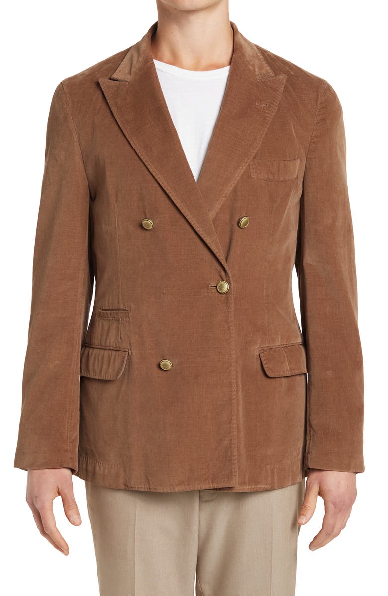 Brunello Cucinelli Double Breasted Peak Lapel Cotton Blazer, Main, color,