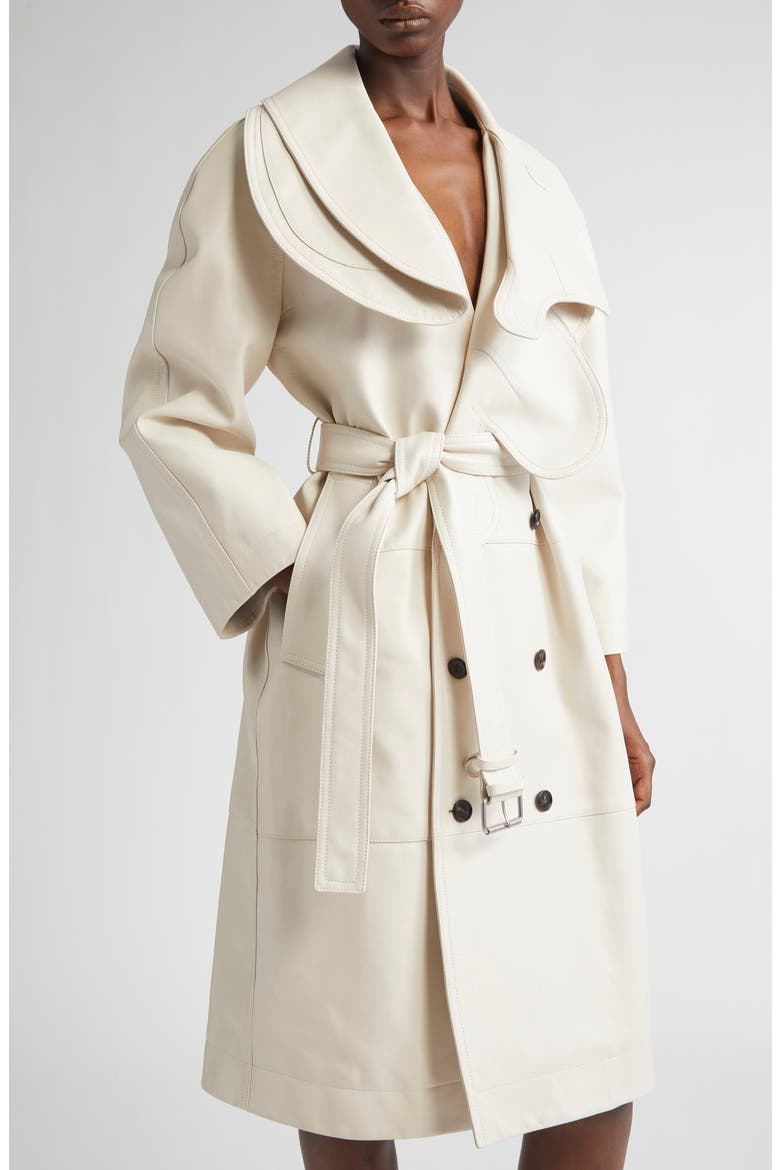Double Breasted Leather Trench Coat, Alternate, color, PALE MERINGUE