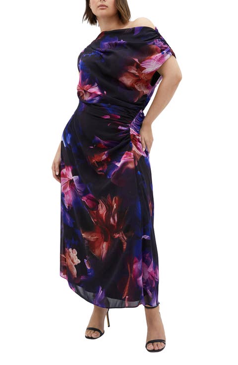 Vivid Floral One-Shoulder Maxi Dress (Plus)