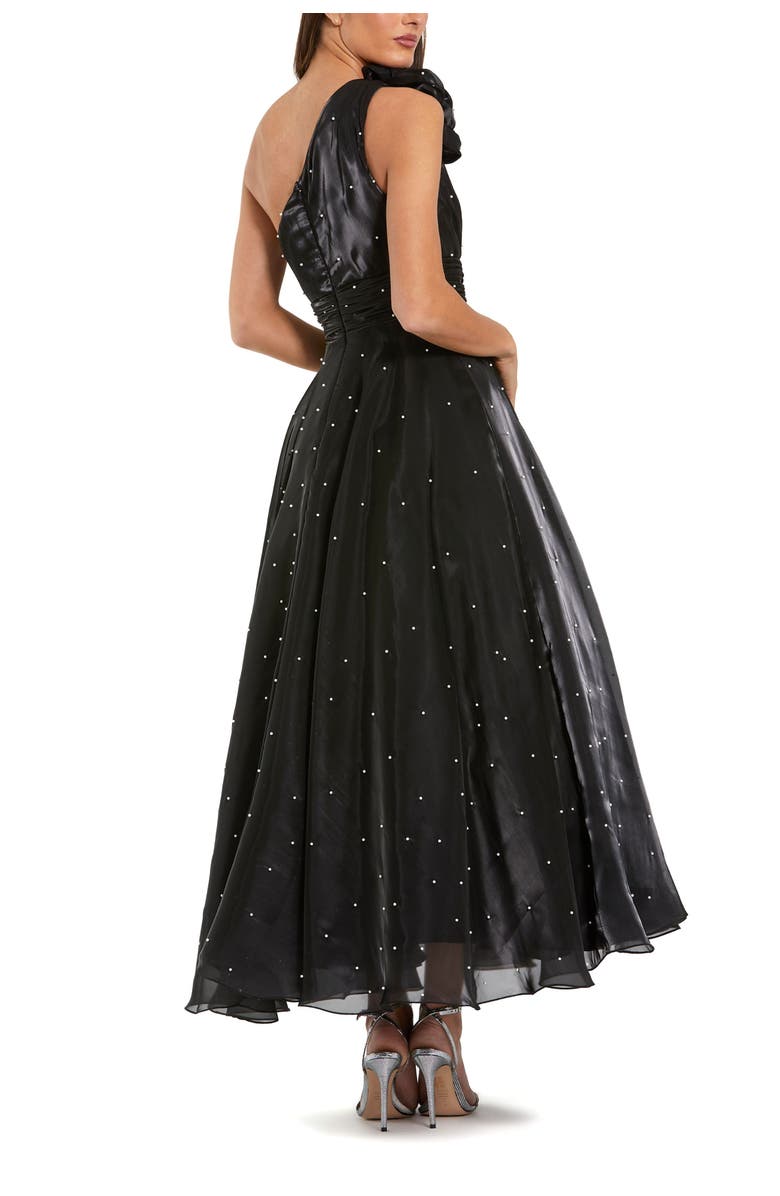 Mac Duggal Pearl Beaded Organza One Shoulder Midi Dress, Alternate, color, Black Ivory