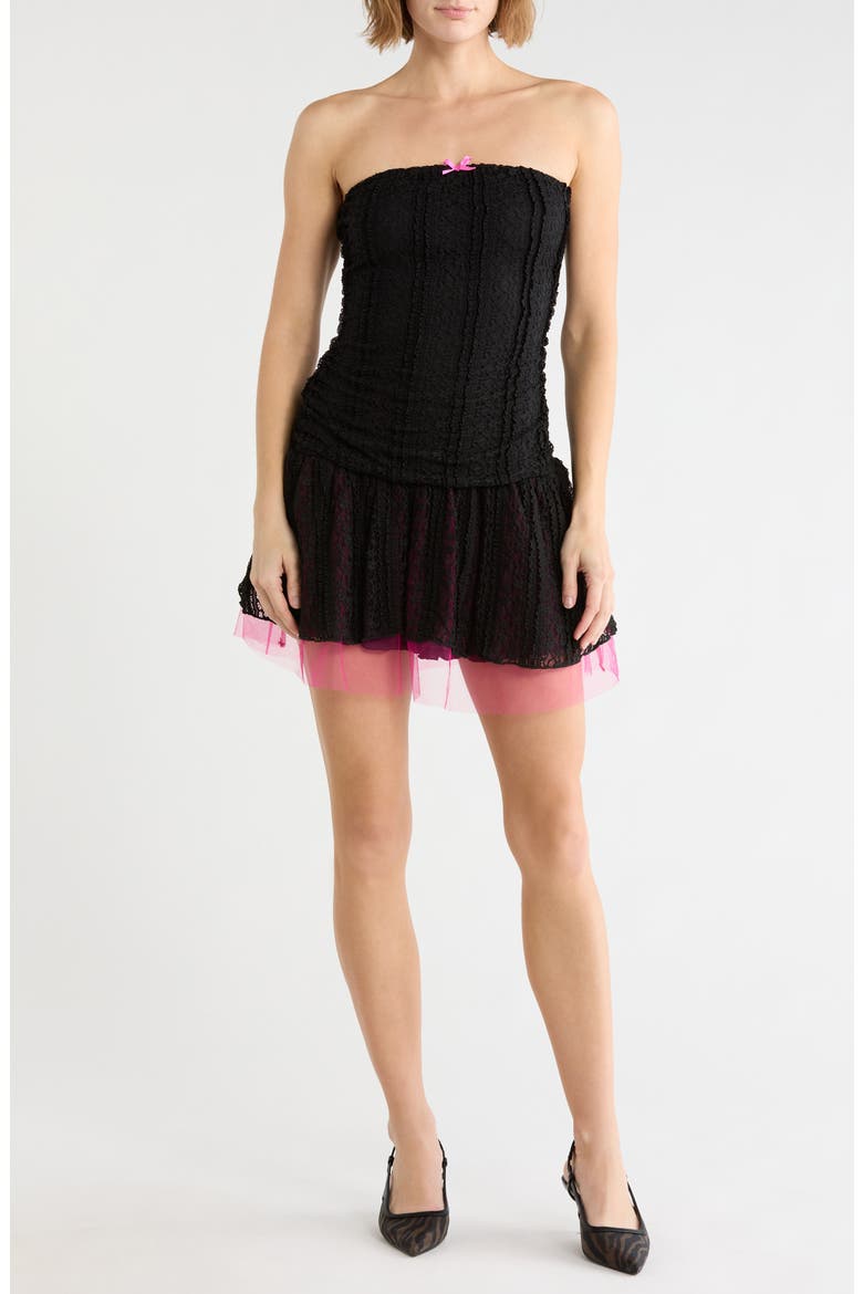 Strapless Ruched Drop Waist Minidress, Main, color, BLACK PINK