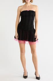 LUV BETSEY Strapless Ruched Drop Waist Minidress