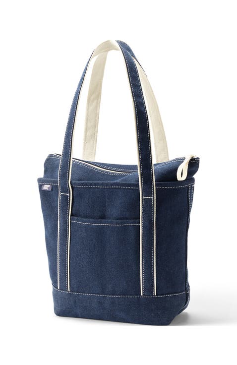 Large Denim Long Handle Zip Top Tote Bag