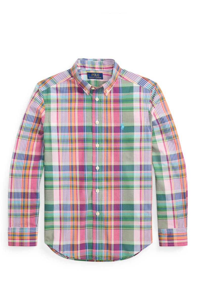 Polo Ralph Lauren Kids' Plaid Cotton Poplin Button-Down Shirt, Main, color, Pink Green Multi