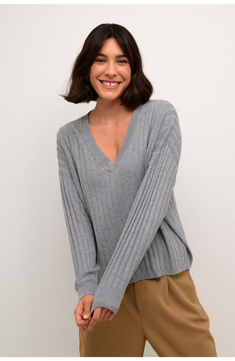 Kaffe Lola V-neck Striped Loose Fit Pullover, Main, color, Grey Melange