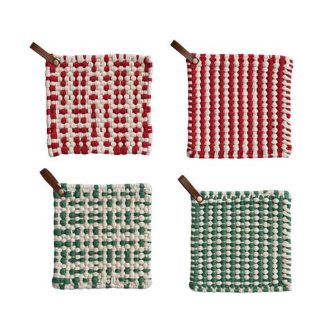 4-Piece Cotton Crocheted Pot Holder with Leather Loop, Multicolor