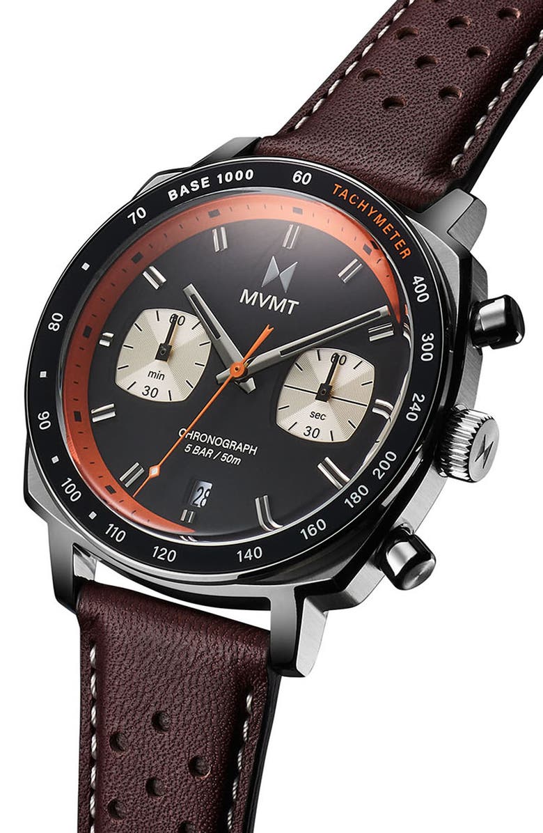 MVMT Mulholland Racer Leather Strap Watch, 42mm, Alternate, color, Brown