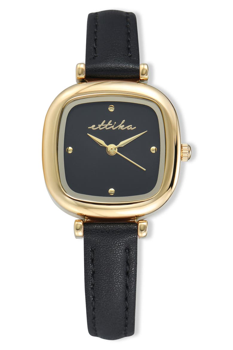 Square Case Leather Strap Watch, Main, color, BLACK