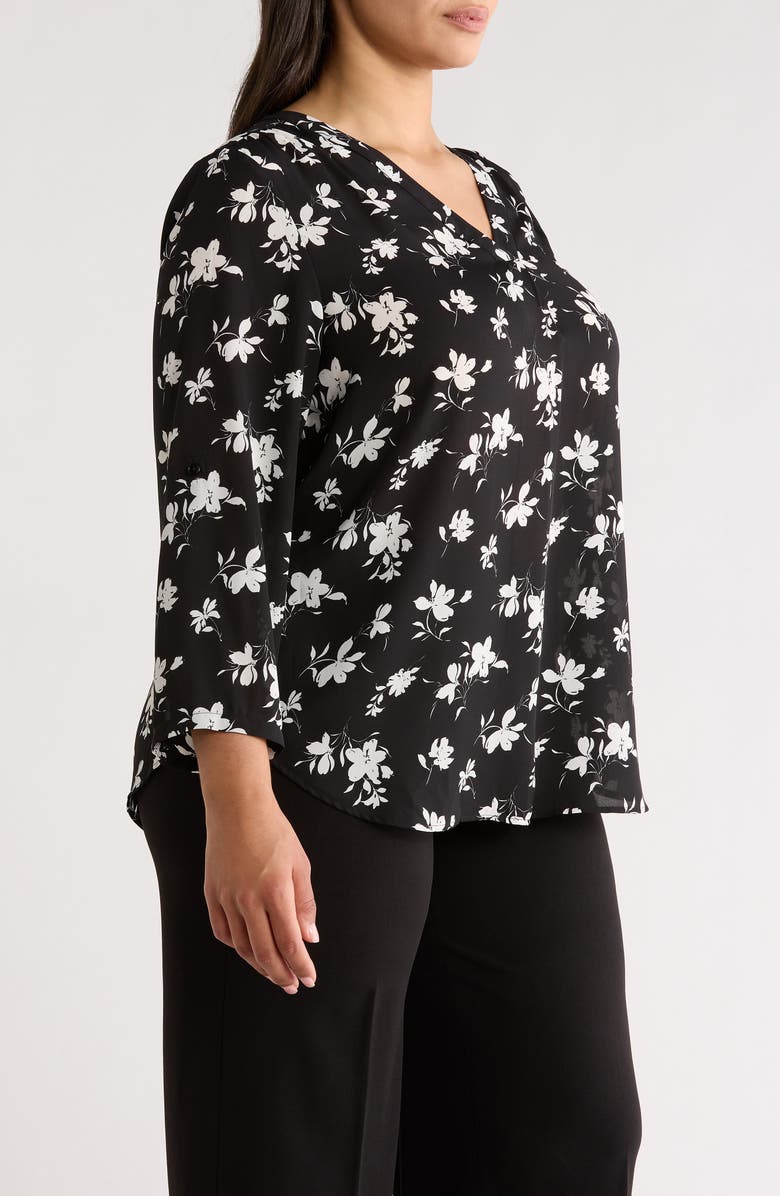 AK ANNE KLEIN V-neck Roll Tab Top, Alternate, color, Anne Black / White Dove