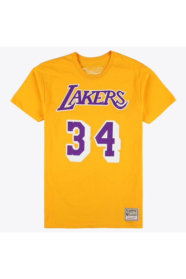 Unisex Mitchell & Ness Shaquille O'Neal Gold Los Angeles Lakers Hardwood Classics Name & Number T-Shirt, Main, color, Gold