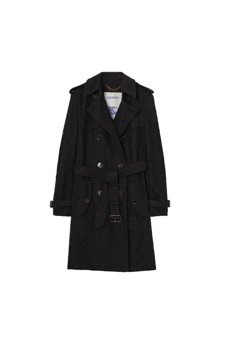Burberry Mid-length Paisley Lace Foxfield Trench Coat, Alternate, color, Black