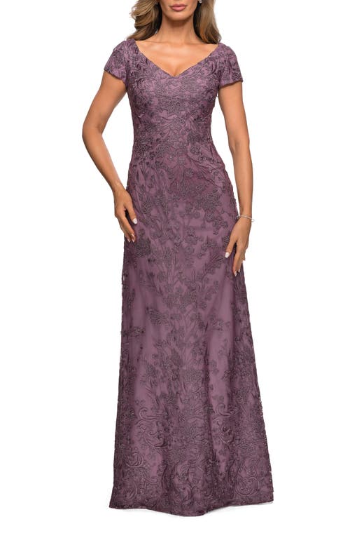 La Femme Lace Evening Gown With Cap Sleeves And V-neck In Dusty Lilac