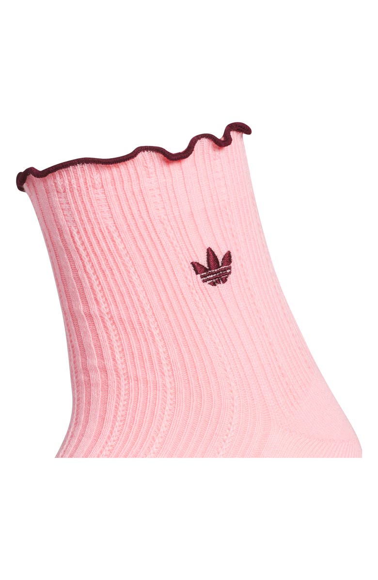 adidas Gender Inclusive Valentines Assorted 3-Pack Lettuce Edge Ruffle Quarter Socks, Alternate, color, Shadow Red/ Pink/ Off White