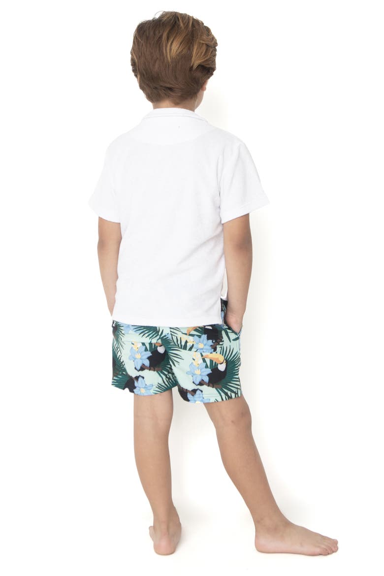 Kids' Toucan Print UPF 50+ Swim Trunks, Alternate, color, GREEN MULTI