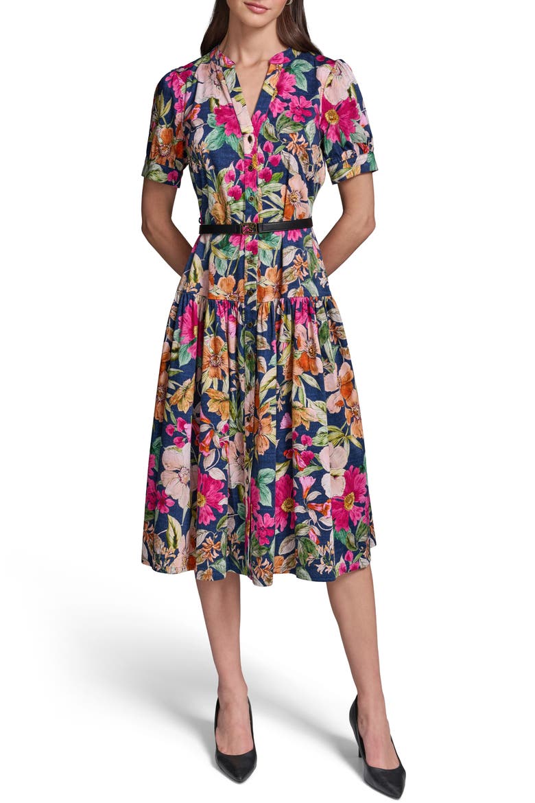 Floral Print Belted Tiered Midi Dress, Main, color, CURRANT/ LIGHT BLUSH MULTI