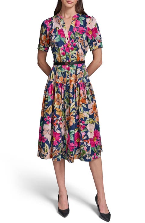 Floral Print Belted Tiered Midi Dress