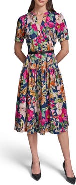 KARL LAGERFELD PARIS Floral Print Belted Tiered Midi Dress