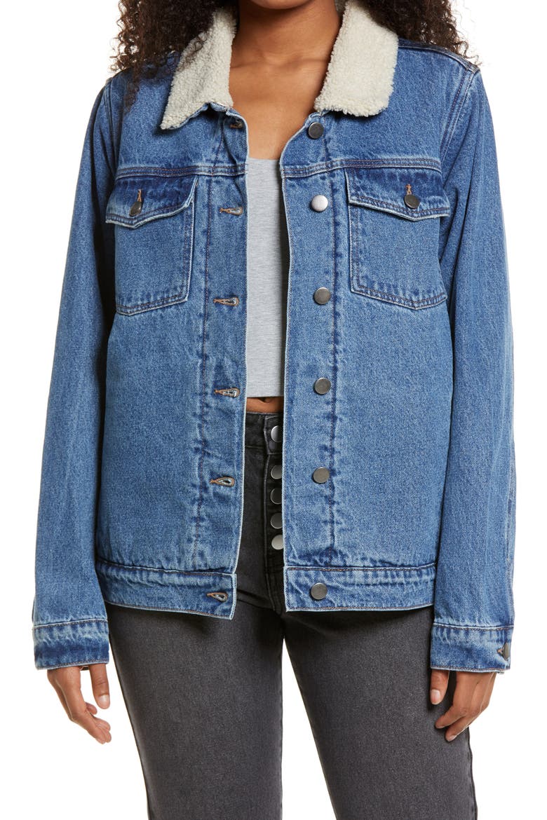 Denim Oversize Trucker Jacket with Faux Shearling Collar, Main, color, BLUE MEDIUM VINTAGE WASH