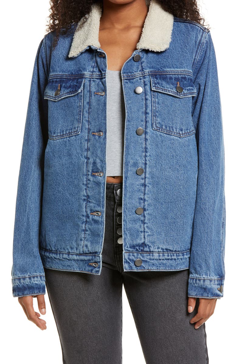 BP. Denim Oversize Trucker Jacket with Faux Shearling Collar, Main, color,