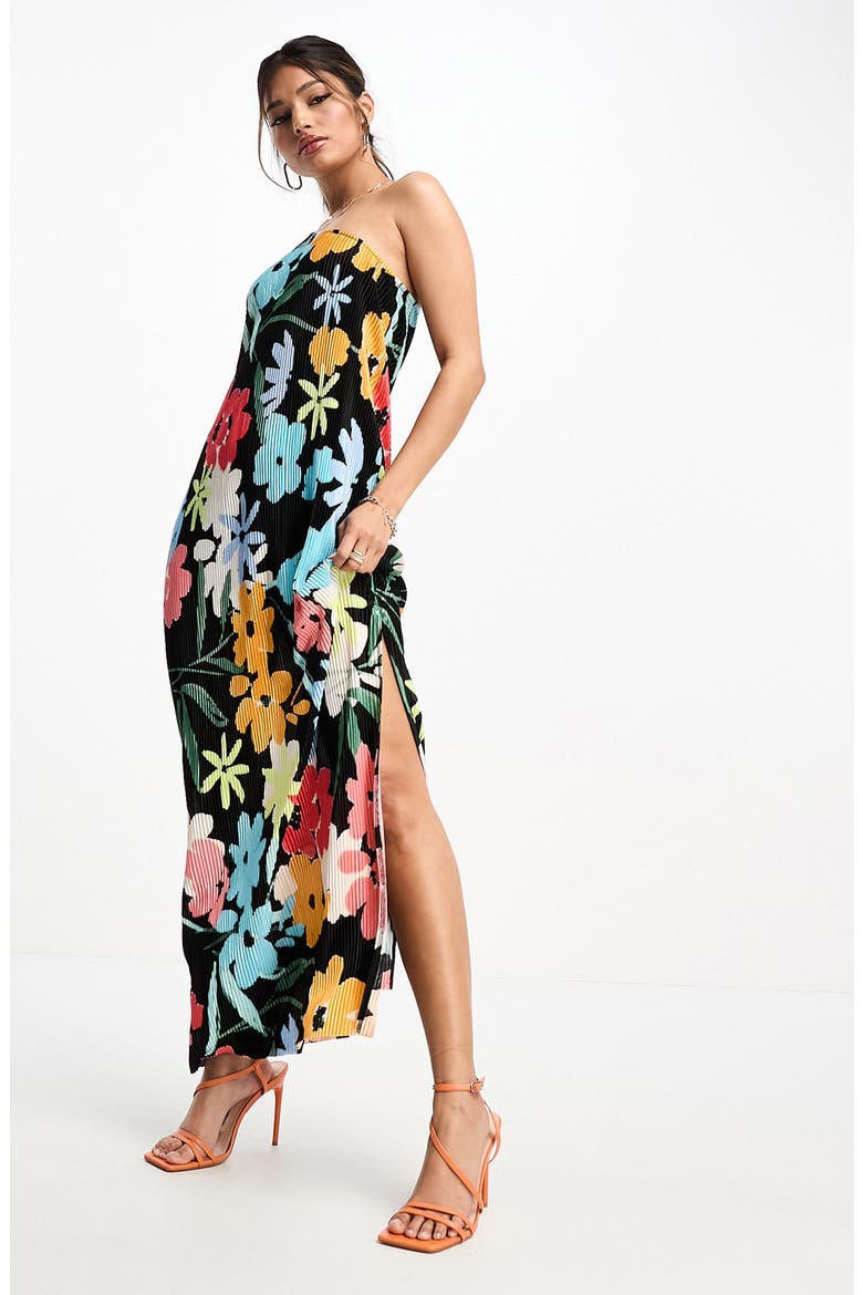 One Shoulder Long Sleeve Plissé Dress, Main, color, BLACK