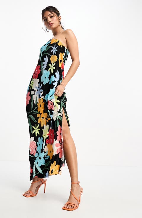 One Shoulder Long Sleeve Plissé Dress