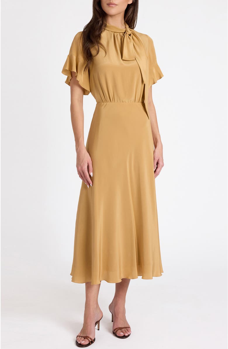 Santorelli Sabrina Silk Short Sleeve Tie Neck Midi Dress, Main, color, Dune Sand