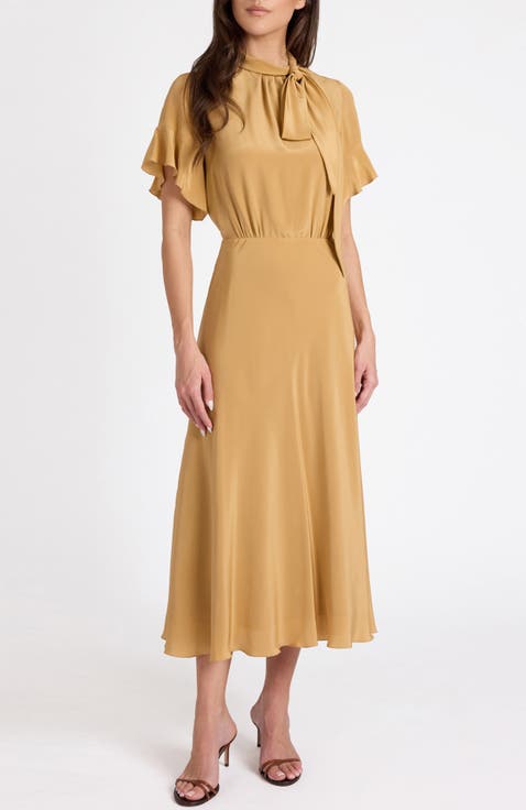Sabrina Silk Short Sleeve Tie Neck Midi Dress