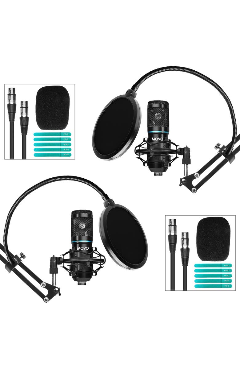 MOVO 2-Pack Universal Cardioid Podcasting Microphone Bundle with Articulating Scissor Arm and Pop Filter, Main, color, Black
