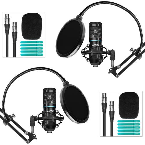 MOVO PodPak2A 2-Pack Universal Cardioid Condenser Microphone Kit with Articulating Scissor Arm Mic Stand, Shock Mount, and Gooseneck Pop Filter -