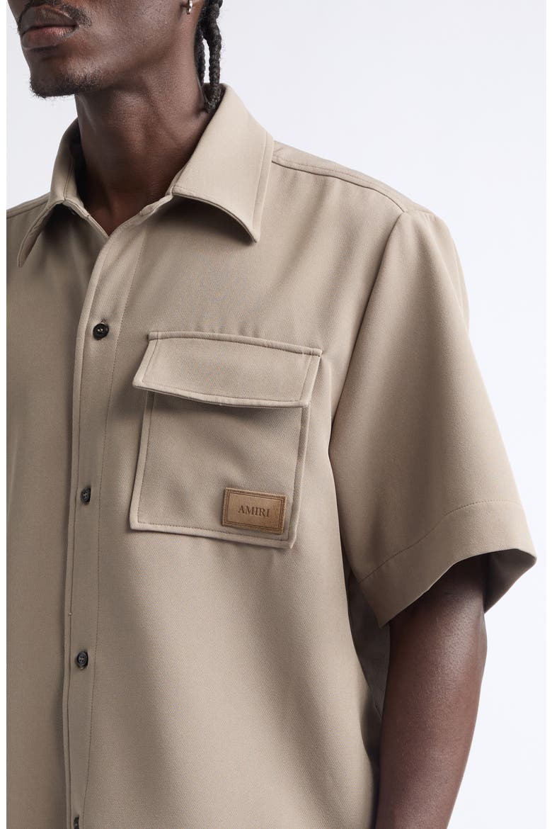 Logo Patch Short Sleeve Stretch Cady Button-Up Shirt, Alternate, color, DARK SAND
