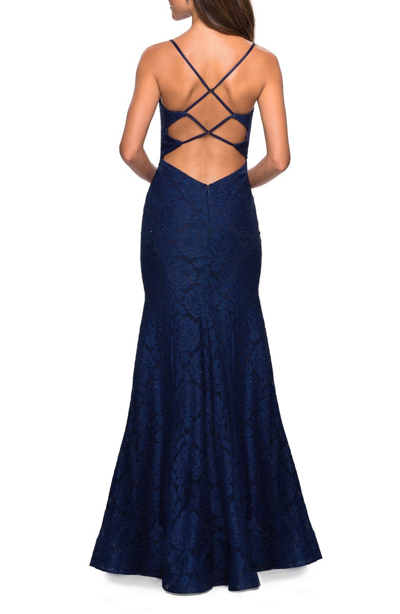 La Femme Strappy Back Stretch Sparkle Lace Trumpet Gown, Alternate, color, 