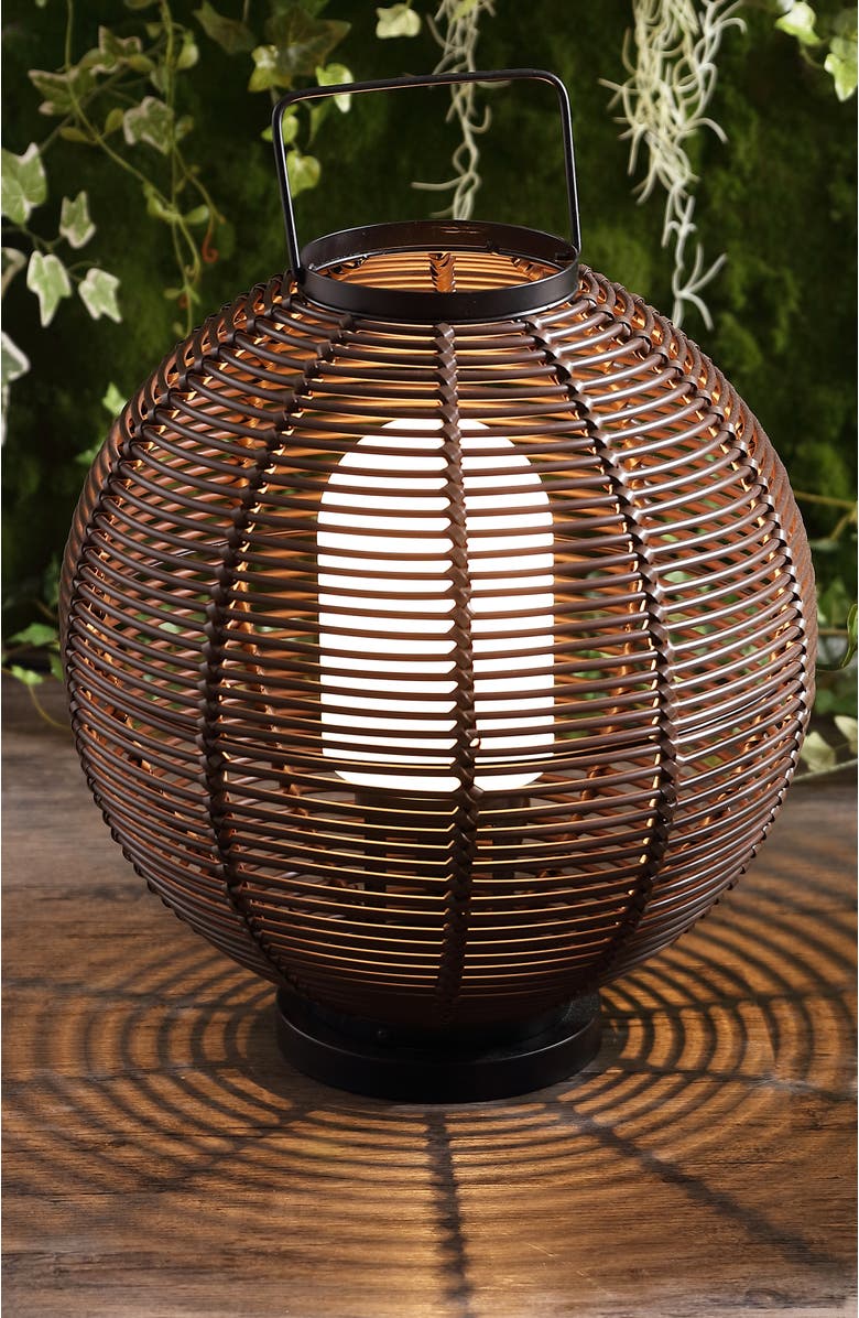 JONATHAN Y Jigu 22" Outdoor Woven Globe Asian LED Lantern, Coffee, Alternate, color, 