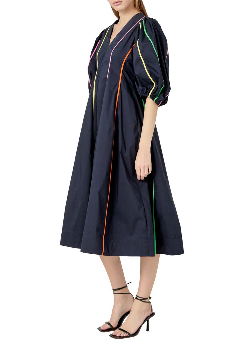 Contrast Trim Puff Sleeve Cotton Blend Midi Dress, Alternate, color, NAVY MULTI