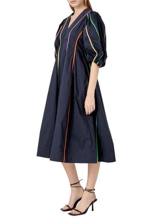 ENGLISH FACTORY ENGLISH FACTORY CONTRAST TRIM PUFF SLEEVE COTTON BLEND MIDI DRESS