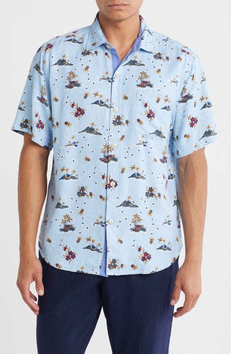 Tommy Bahama Atlantica Print Short Sleeve Silk Button-Up Shirt, Main, color, Aqua Ice