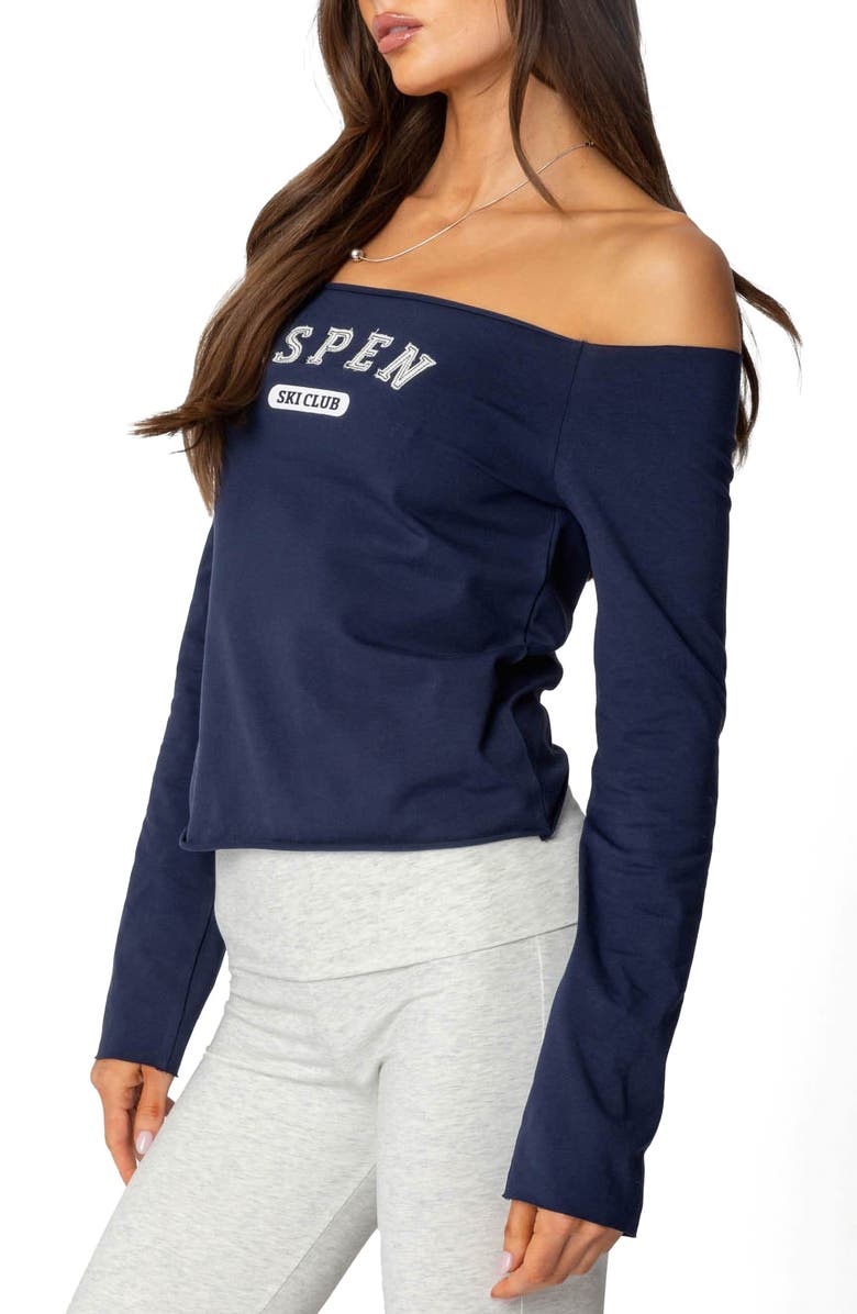 EDIKTED Ski Club Off the Shoulder Top, Alternate, color, Navy
