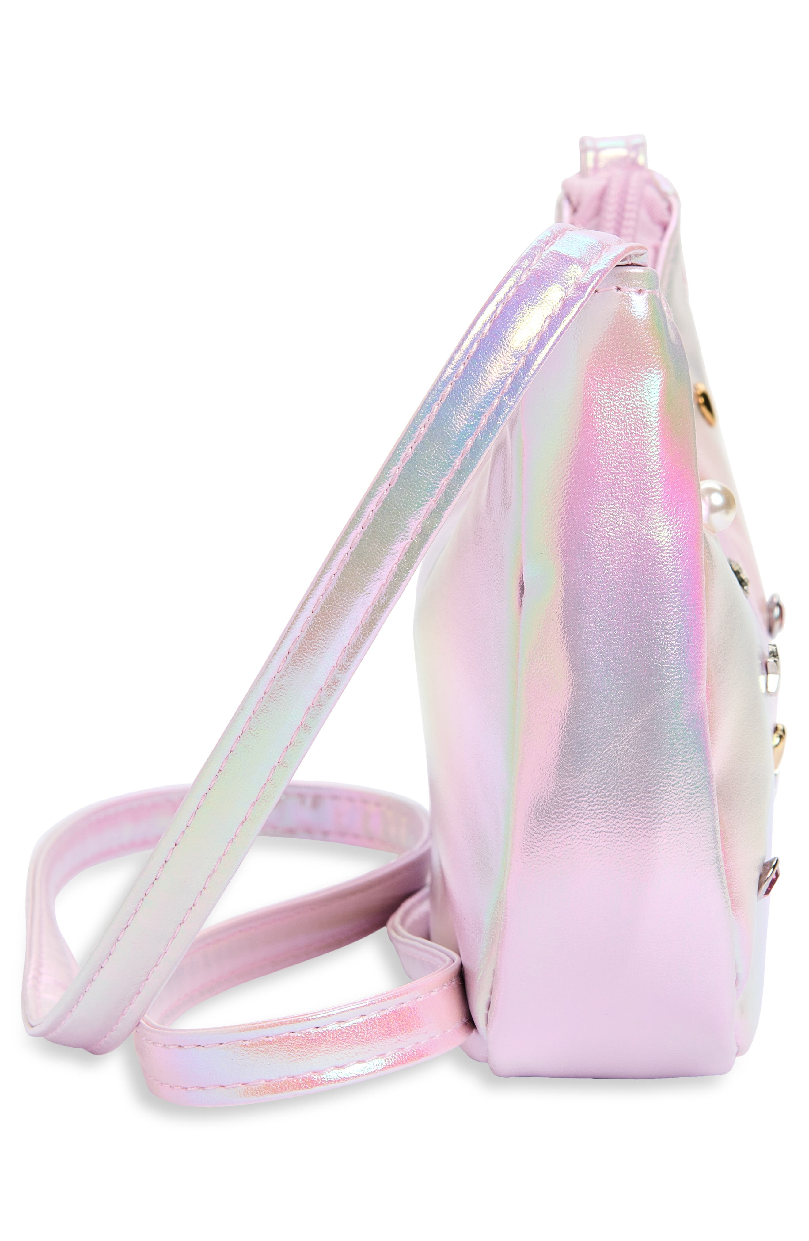 Kids' Embellished Iridescent Faux Leather Crossbody Bag, Alternate, color, PINK COMBO