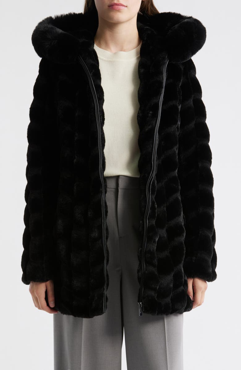 Via Spiga Grooved Faux Fur Hooded Coat, Alternate, color, Black