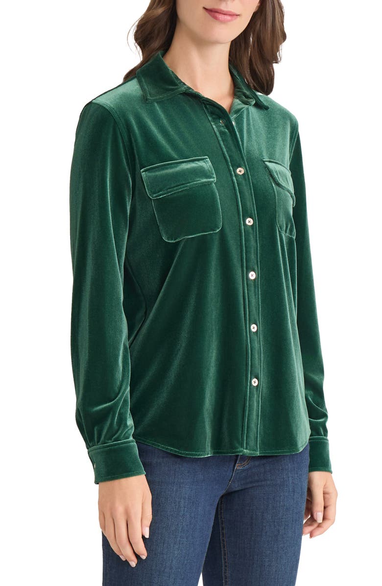 Jones New York Velour Button-Up Utility Shirt, Alternate, color, Dark Forest Green