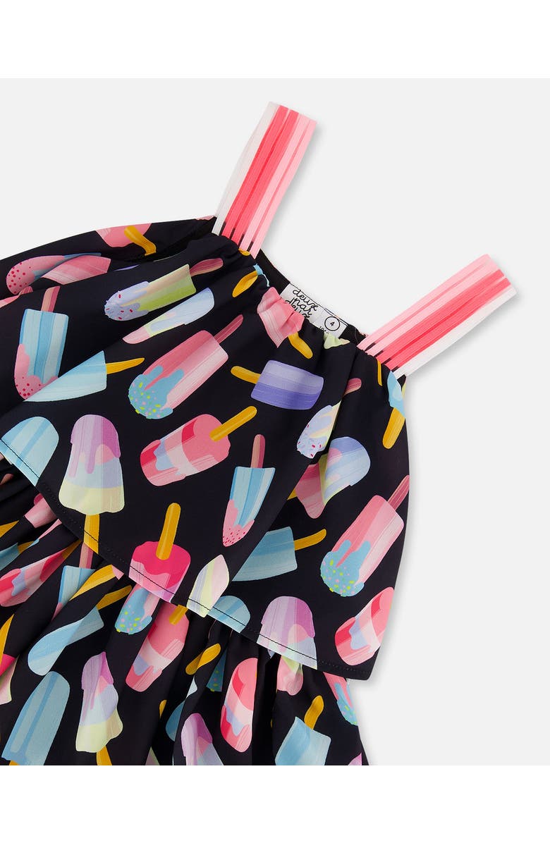 Deux par Deux Little Girl's Printed Tiered Dress Ice Lollipops And Black, Alternate, color, Ice Lollipops And Black
