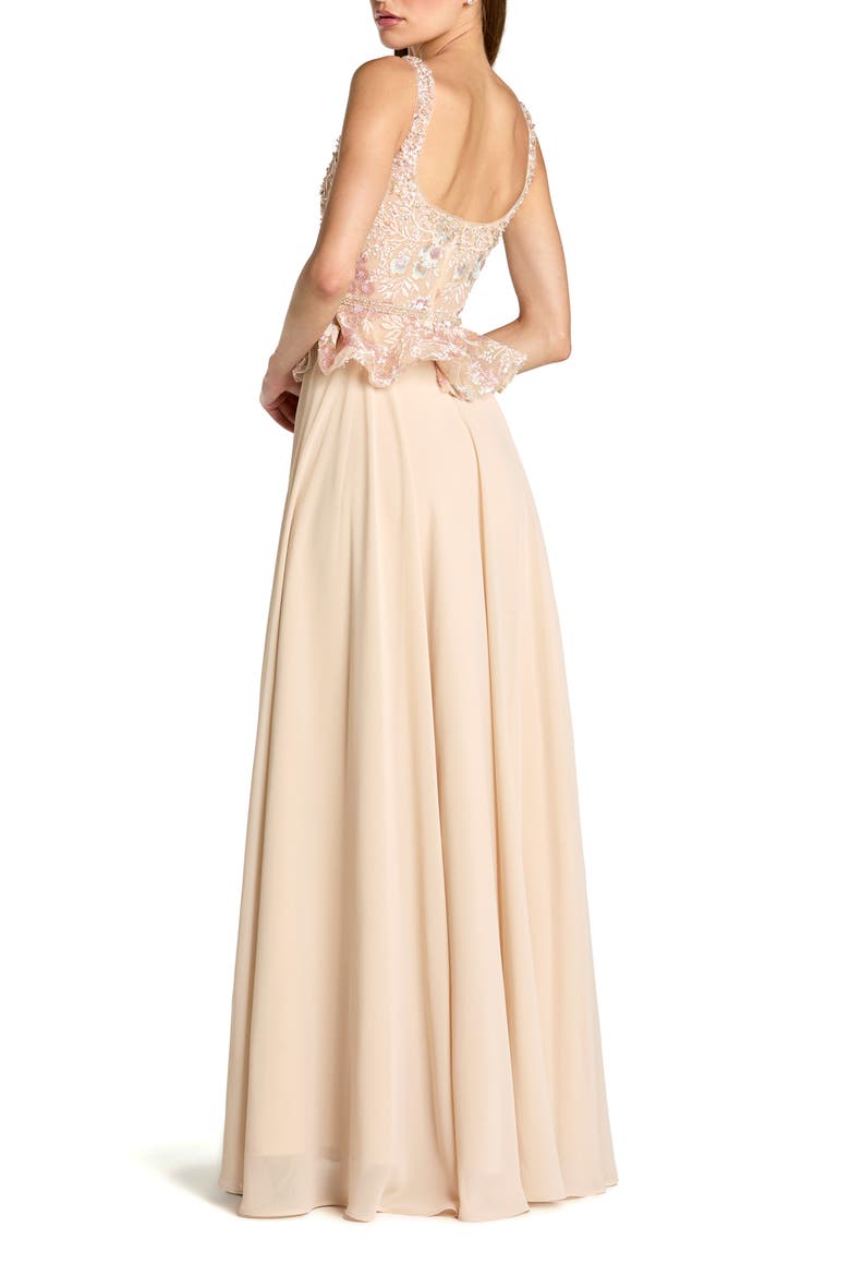 Women's Embroidered Peplum Top With Chiffon Skirt Gown, Alternate, color, Champagne