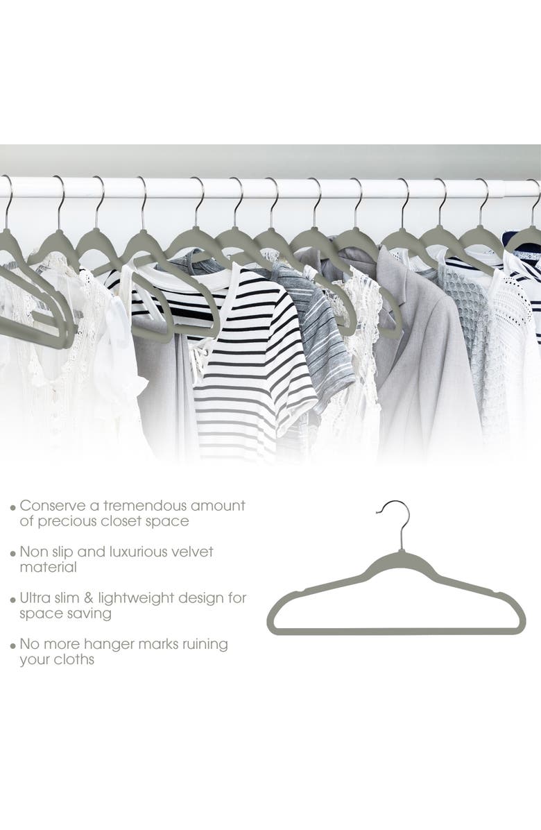 Elama 100 Piece Set of Velvet Slim Profile Heavy Duty Felt Hangers with Stainless Steel Swivel Hooks, Alternate, color, Grey