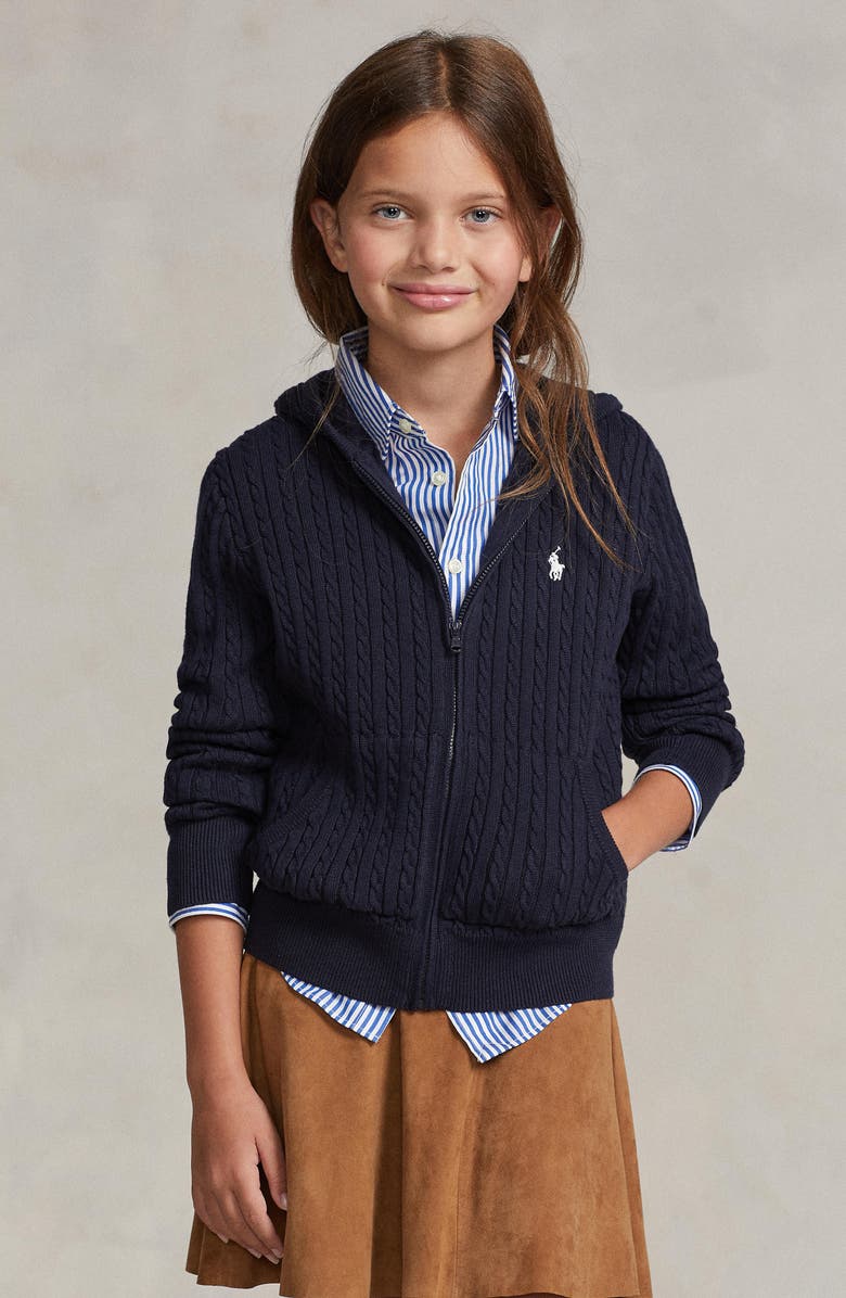 Polo Ralph Lauren Kids' Hooded Cable Stitch Zip Cardigan, Alternate, color, Rl Navy W/ Nevis