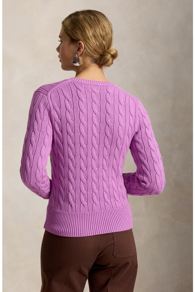 Cable Stitch Cotton Crewneck Cardigan, Alternate, color, THISTLE PINK